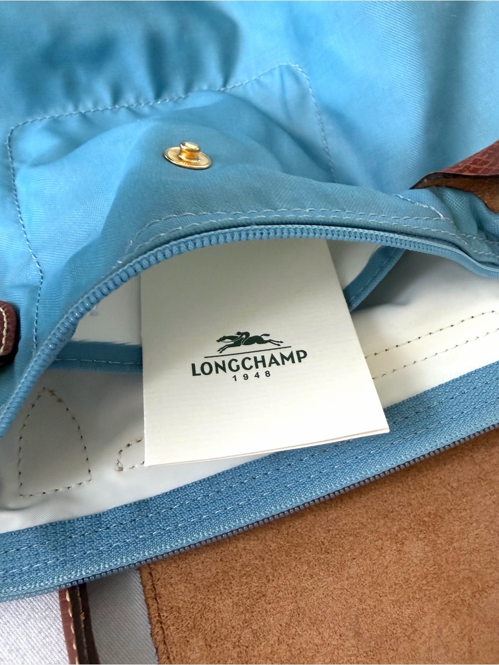 Longchamp Le Pliage Top-Handle Tote in Light Blue w Brown leather, GUC - Picture 10 of 16